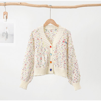 Slatki ženski pulover s ispisom točkica u boji, tanak kardigan s puf rukavima s V-izrezom, jesenski pleteni dizajn u boji, ženski pleteni kaput