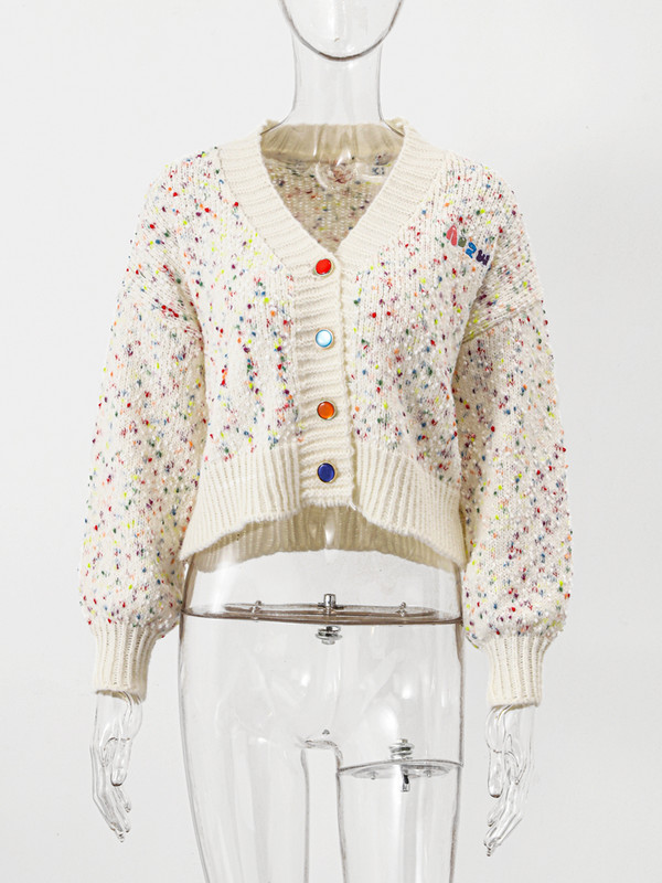 Slatki ženski pulover s ispisom točkica u boji, tanak kardigan s puf rukavima s V-izrezom, jesenski pleteni dizajn u boji, ženski pleteni kaput