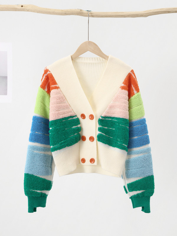 Slatki ženski pulover s ispisom točkica u boji, tanak kardigan s puf rukavima s V-izrezom, jesenski pleteni dizajn u boji, ženski pleteni kaput