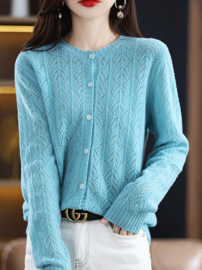 Fashion Hollow Out Kvaliteetsed naiste kampsunid 100% puhtast meriinovillast Naiste riided Kevad sügisene kaelusega kardigan kudum