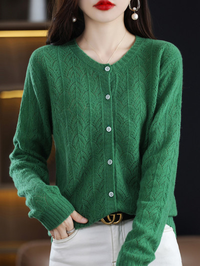 Fashion Hollow Out Kvaliteetsed naiste kampsunid 100% puhtast meriinovillast Naiste riided Kevad sügisene kaelusega kardigan kudum