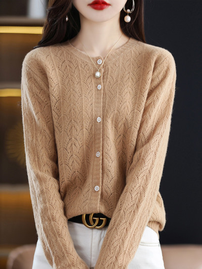 Fashion Hollow Out Kvaliteetsed naiste kampsunid 100% puhtast meriinovillast Naiste riided Kevad sügisene kaelusega kardigan kudum