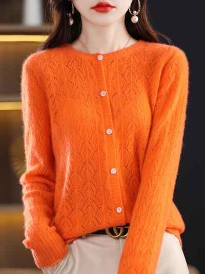 Fashion Hollow Out Kvaliteetsed naiste kampsunid 100% puhtast meriinovillast Naiste riided Kevad sügisene kaelusega kardigan kudum