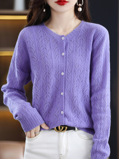 Fashion Hollow Out Kvaliteetsed naiste kampsunid 100% puhtast meriinovillast Naiste riided Kevad sügisene kaelusega kardigan kudum