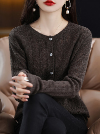 Fashion Hollow Out Kvaliteetsed naiste kampsunid 100% puhtast meriinovillast Naiste riided Kevad sügisene kaelusega kardigan kudum