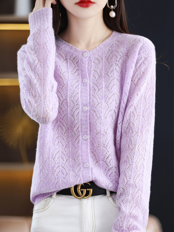 Fashion Hollow Out Kvaliteetsed naiste kampsunid 100% puhtast meriinovillast Naiste riided Kevad sügisene kaelusega kardigan kudum