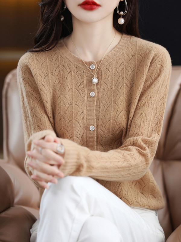 Fashion Hollow Out Kvaliteetsed naiste kampsunid 100% puhtast meriinovillast Naiste riided Kevad sügisene kaelusega kardigan kudum
