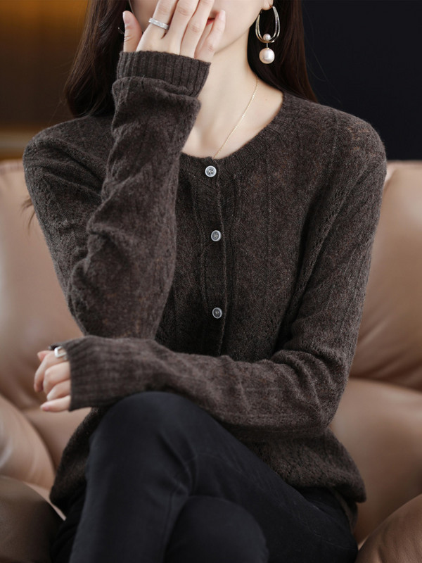 Fashion Hollow Out Kvaliteetsed naiste kampsunid 100% puhtast meriinovillast Naiste riided Kevad sügisene kaelusega kardigan kudum