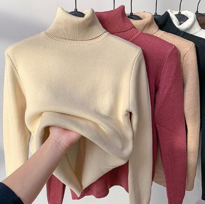 Ühevärviline Turtleneck Plus Velvet Pullover Kampsun Naiste Täiesti sobiv pehme paks kootud kampsun Uus 6 värvi sisemine naiste kampsun