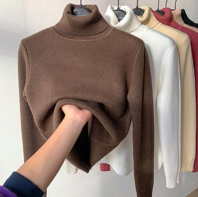 Ühevärviline Turtleneck Plus Velvet Pullover Kampsun Naiste Täiesti sobiv pehme paks kootud kampsun Uus 6 värvi sisemine naiste kampsun