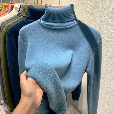 Ühevärviline Turtleneck Plus Velvet Pullover Kampsun Naiste Täiesti sobiv pehme paks kootud kampsun Uus 6 värvi sisemine naiste kampsun