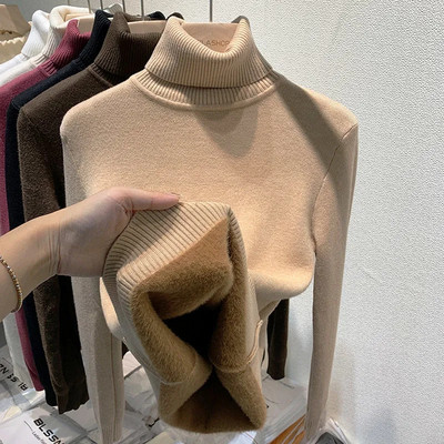 Ühevärviline Turtleneck Plus Velvet Pullover Kampsun Naiste Täiesti sobiv pehme paks kootud kampsun Uus 6 värvi sisemine naiste kampsun