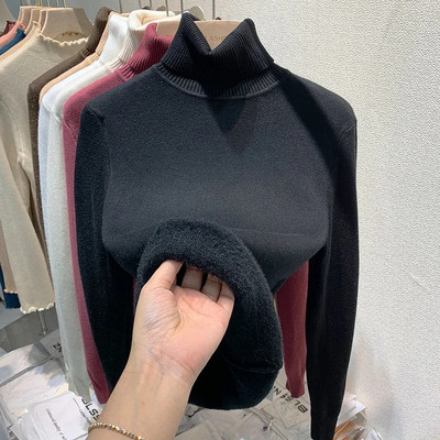 Ühevärviline Turtleneck Plus Velvet Pullover Kampsun Naiste Täiesti sobiv pehme paks kootud kampsun Uus 6 värvi sisemine naiste kampsun