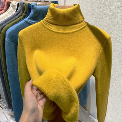 Ühevärviline Turtleneck Plus Velvet Pullover Kampsun Naiste Täiesti sobiv pehme paks kootud kampsun Uus 6 värvi sisemine naiste kampsun