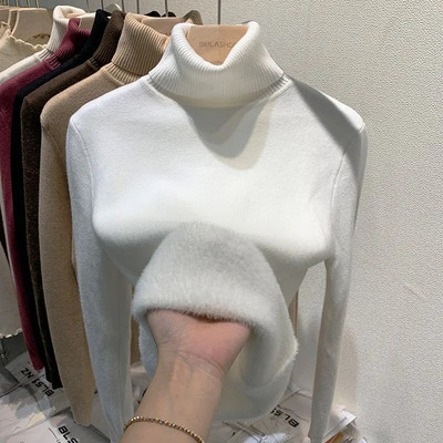 Ühevärviline Turtleneck Plus Velvet Pullover Kampsun Naiste Täiesti sobiv pehme paks kootud kampsun Uus 6 värvi sisemine naiste kampsun