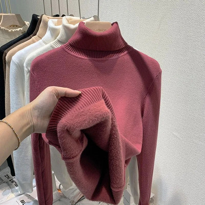 Ühevärviline Turtleneck Plus Velvet Pullover Kampsun Naiste Täiesti sobiv pehme paks kootud kampsun Uus 6 värvi sisemine naiste kampsun