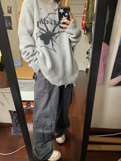 Milang girl Spider Print Harajuku naiste kampsun gooti vintage rebenenud grunge džemper Tänavarõivad Korea ülisuur hiphop pullover