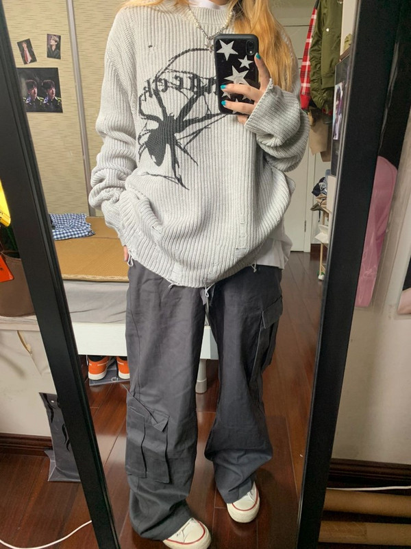 Harajuku pulover s printom pauka za djevojku Milang Ženski gotički vintage poderani grunge džemper Ulični korejski preveliki hiphop pulover