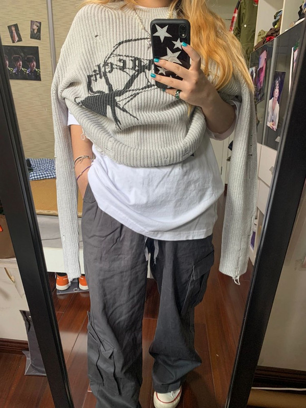 Harajuku pulover s printom pauka za djevojku Milang Ženski gotički vintage poderani grunge džemper Ulični korejski preveliki hiphop pulover