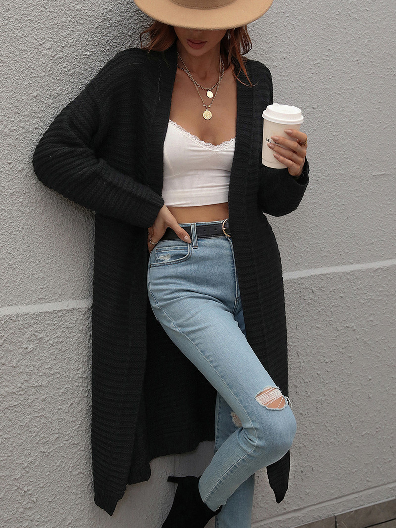 Ženski kaput proljeće/jesen Novi O-izrez Jednobojni široki dugi kardigan Pletena jakna Spojeni traf Elegantni džemperi Ženski