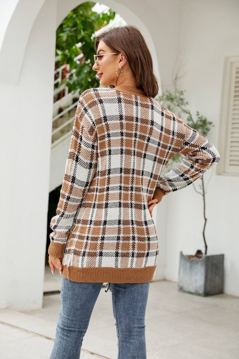 Jesen/zima Ženska odjeća Novi V-izrez džepovi Geometrijski široki pleteni kaput Traf Elegantni dugi pulover s jednim kopčanjem Ženski