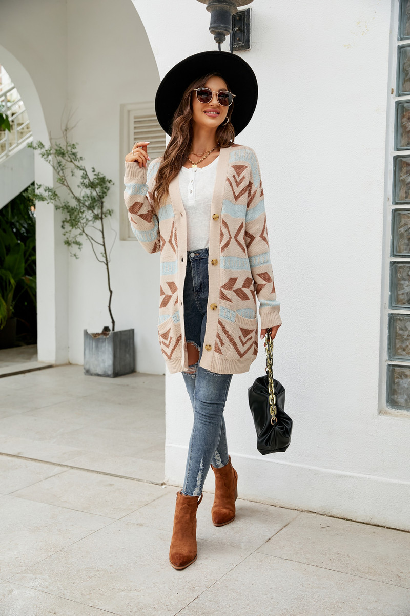 Jesen/zima Ženska odjeća Novi V-izrez džepovi Geometrijski široki pleteni kaput Traf Elegantni dugi pulover s jednim kopčanjem Ženski