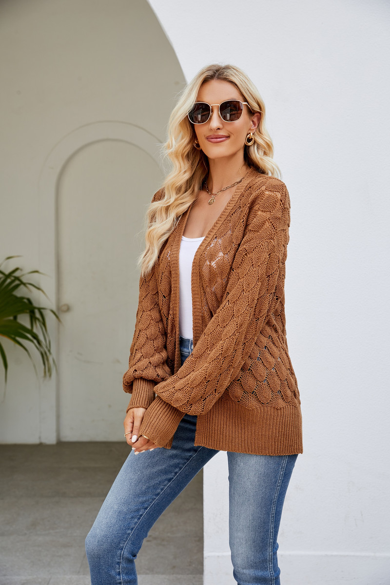 Jesenski/zimski kardigan džemper kaput Akrilni jednobojni lanternasti rukavi izdubljeni labava ležerna ženska odjeća Traf