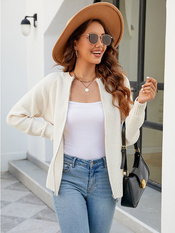 Pulover s kardiganom Ženska jednobojna jakna s patentnim zatvaračima, jednobojnim poliesterskim izrezom Jesen/zima Novi ležerni široki kardigani Pletiva Traf