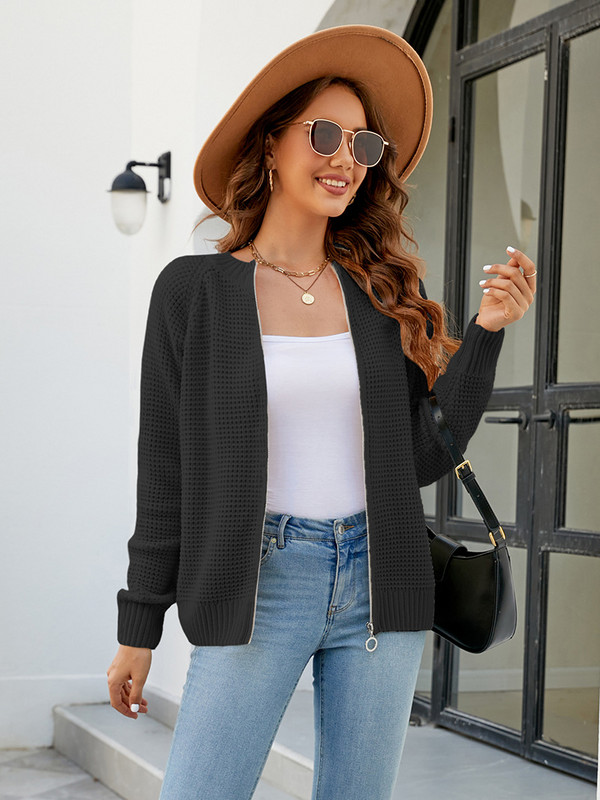 Pulover s kardiganom Ženska jednobojna jakna s patentnim zatvaračima, jednobojnim poliesterskim izrezom Jesen/zima Novi ležerni široki kardigani Pletiva Traf