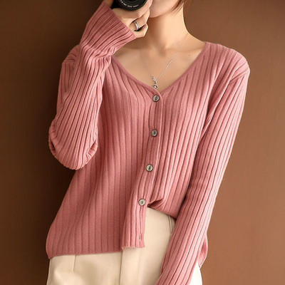 Νέο υψηλής ποιότητας μαλακό και φιλικό προς το δέρμα Λεπτό, καθημερινό πλεκτό πουλόβερ ζακέτα με μακρυμάνικο μασίφ μπλουζάκια Κορεάτικο γυναικείο παλτό με λαιμόκοψη