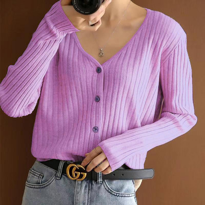 Νέο υψηλής ποιότητας μαλακό και φιλικό προς το δέρμα Λεπτό, καθημερινό πλεκτό πουλόβερ ζακέτα με μακρυμάνικο μασίφ μπλουζάκια Κορεάτικο γυναικείο παλτό με λαιμόκοψη