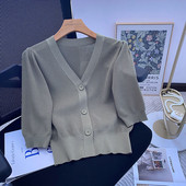 Νέα γυναικεία κοντή πλεκτή ζακέτα με λαιμόκοψη V, λεπτή κορεάτικη μόδα, μασίφ, μεγάλα κουμπιά από ύφασμα, Πουλόβερ με μισή μέση