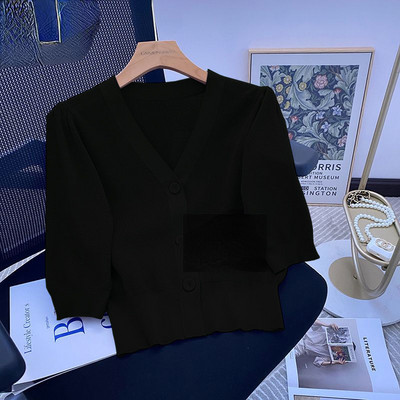 Νέα γυναικεία κοντή πλεκτή ζακέτα με λαιμόκοψη V, λεπτή κορεάτικη μόδα, μασίφ, μεγάλα κουμπιά από ύφασμα, Πουλόβερ με μισή μέση