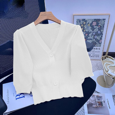 Νέα γυναικεία κοντή πλεκτή ζακέτα με λαιμόκοψη V, λεπτή κορεάτικη μόδα, μασίφ, μεγάλα κουμπιά από ύφασμα, Πουλόβερ με μισή μέση