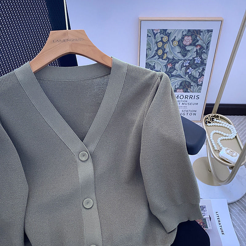 Νέα γυναικεία κοντή πλεκτή ζακέτα με λαιμόκοψη V, λεπτή κορεάτικη μόδα, μασίφ, μεγάλα κουμπιά από ύφασμα, Πουλόβερ με μισή μέση