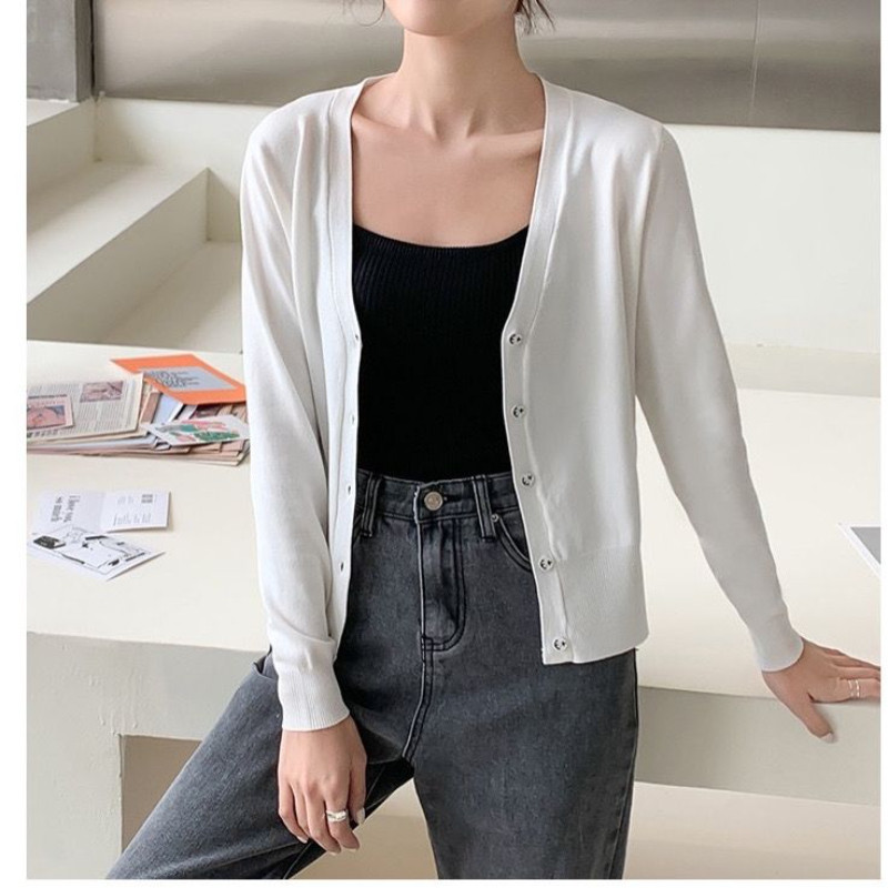 Novi mali proljetni i jesenski tanki džemper Kratki kaput sa šalom Svestrana suknja Top Korejski modni uski pleteni kardigan s V-izrezom