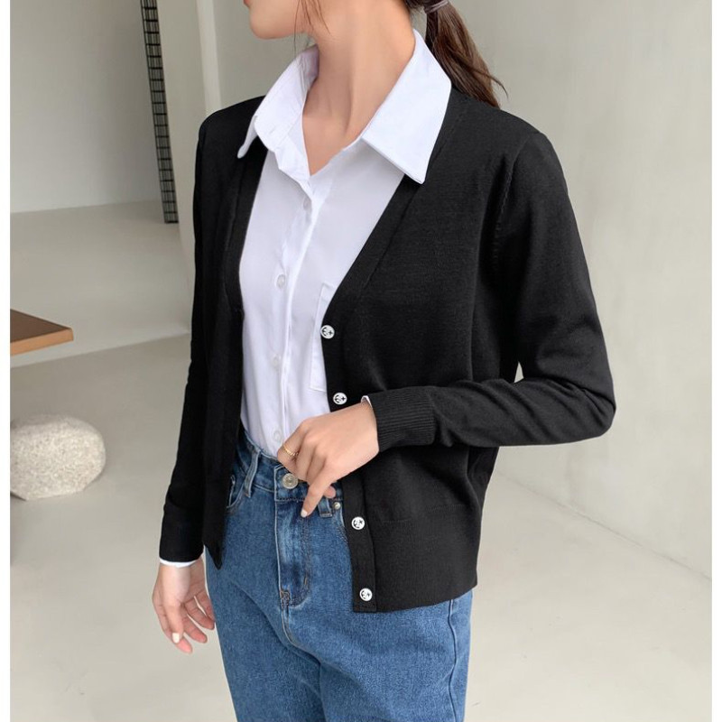 Novi mali proljetni i jesenski tanki džemper Kratki kaput sa šalom Svestrana suknja Top Korejski modni uski pleteni kardigan s V-izrezom