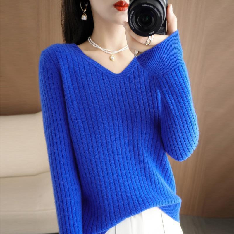 Ženski pulover 2023. Jesen Zima Topli osnovni pulover Ležerne majice s prugama s V-izrezom Donji dio dugih rukava Kauzalni korejski pleteni džemper