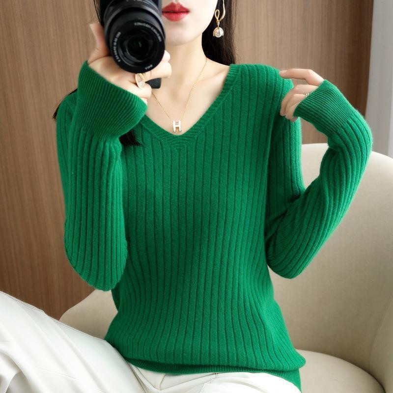 Ženski pulover 2023. Jesen Zima Topli osnovni pulover Ležerne majice s prugama s V-izrezom Donji dio dugih rukava Kauzalni korejski pleteni džemper