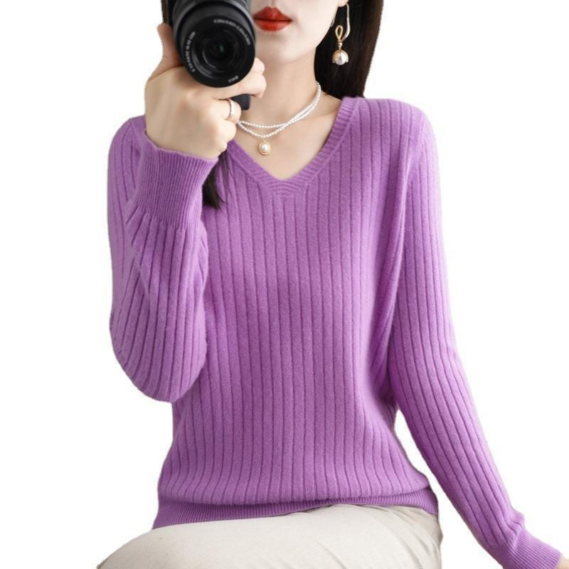 Ženski pulover 2023. Jesen Zima Topli osnovni pulover Ležerne majice s prugama s V-izrezom Donji dio dugih rukava Kauzalni korejski pleteni džemper