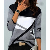 Ženska zimska pamučna majica s geometrijskim kontrastom, široke majice s otisnutim dugim rukavima, gornji dio, proljeće, jesen, elegantne ženske majice S-5XL