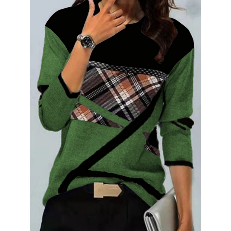 Ženska zimska pamučna majica s geometrijskim kontrastom, široke majice s otisnutim dugim rukavima, gornji dio, proljeće, jesen, elegantne ženske majice S-5XL