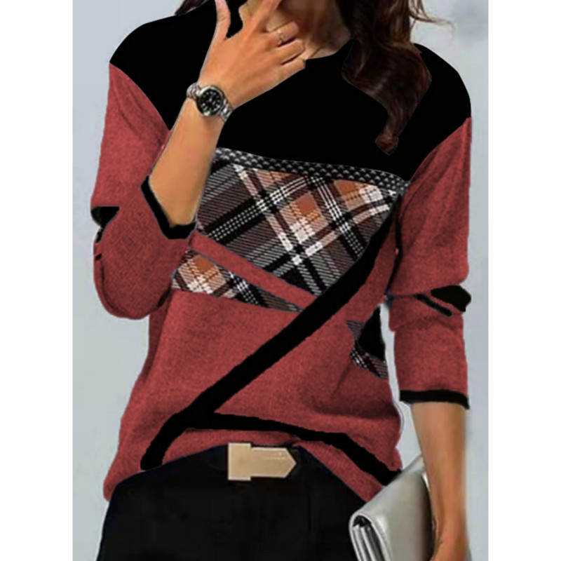 Ženska zimska pamučna majica s geometrijskim kontrastom, široke majice s otisnutim dugim rukavima, gornji dio, proljeće, jesen, elegantne ženske majice S-5XL
