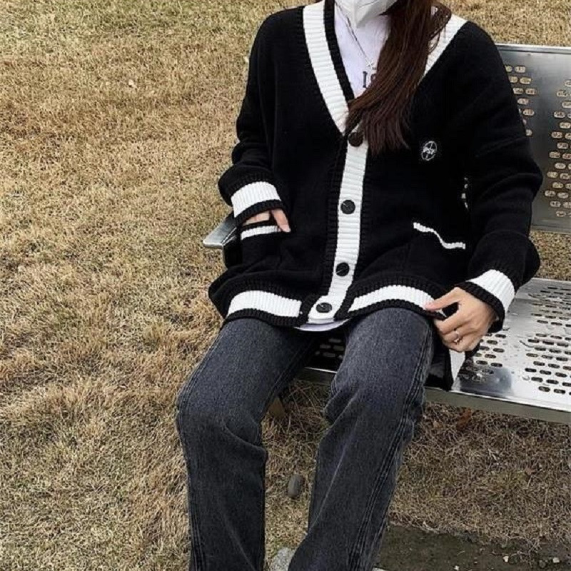 Deeptown korejski crni pleteni džemper džemper Ženske prevelike modne jednoredne pletene jakne Jesenski džemper