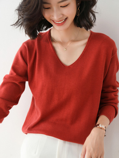 YSZWDBLX Pulovere pentru femei Pulover Cămașă cu fundul solid Tricoturi cu decolteu în V Primăvara Toamnă 2022 Pulover coreean de bază Pulovere