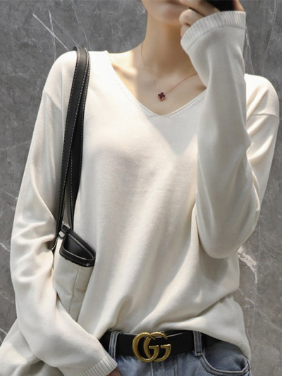 YSZWDBLX Pulovere pentru femei Pulover Cămașă cu fundul solid Tricoturi cu decolteu în V Primăvara Toamnă 2022 Pulover coreean de bază Pulovere