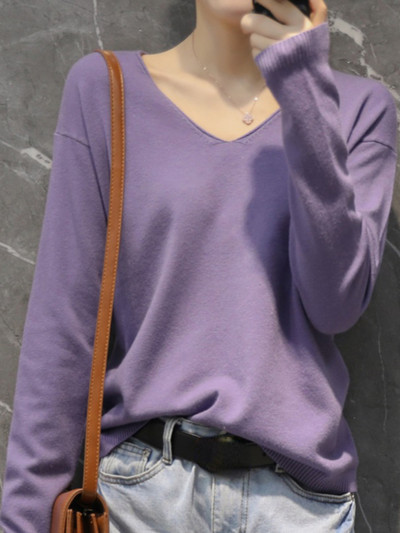 YSZWDBLX Pulovere pentru femei Pulover Cămașă cu fundul solid Tricoturi cu decolteu în V Primăvara Toamnă 2022 Pulover coreean de bază Pulovere