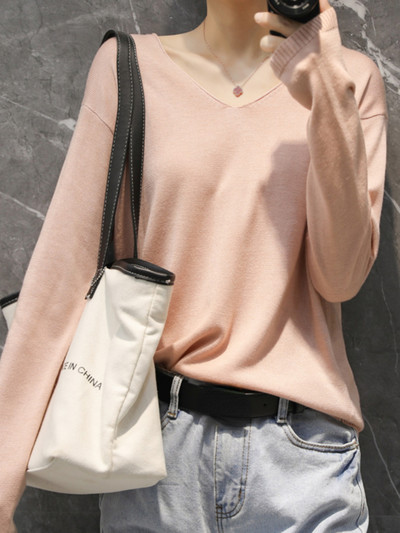 YSZWDBLX Pulovere pentru femei Pulover Cămașă cu fundul solid Tricoturi cu decolteu în V Primăvara Toamnă 2022 Pulover coreean de bază Pulovere