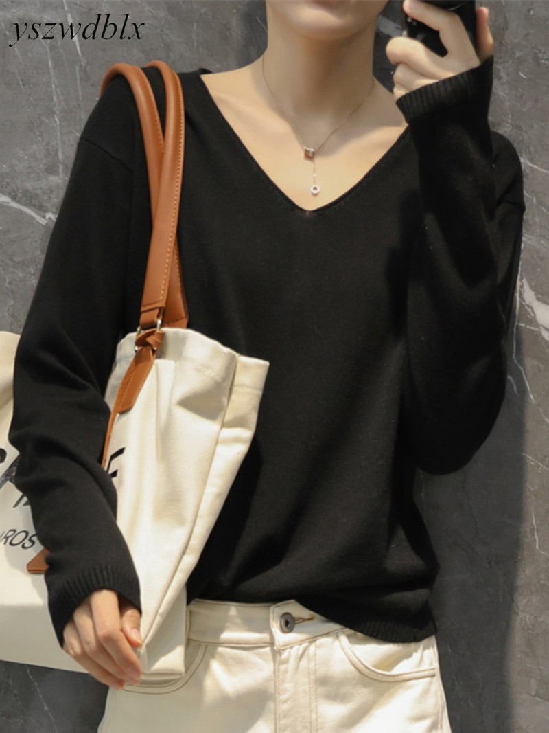 YSZWDBLX Pulovere pentru femei Pulover Cămașă cu fundul solid Tricoturi cu decolteu în V Primăvara Toamnă 2022 Pulover coreean de bază Pulovere
