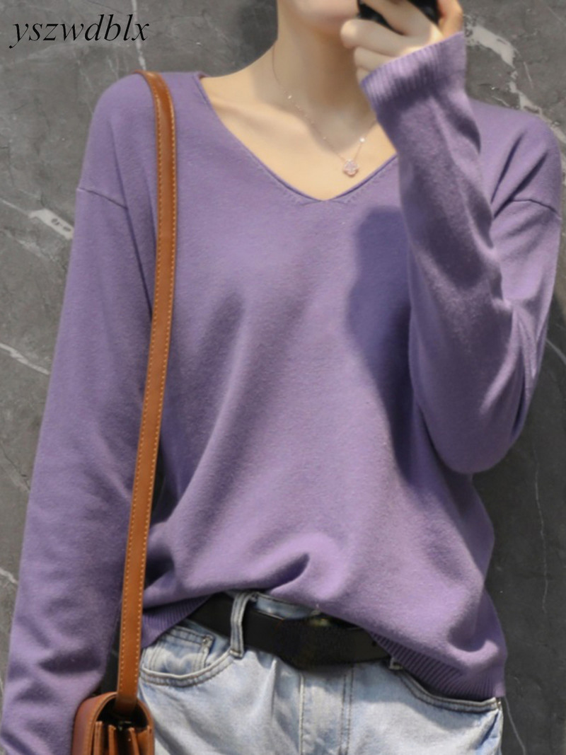YSZWDBLX Pulovere pentru femei Pulover Cămașă cu fundul solid Tricoturi cu decolteu în V Primăvara Toamnă 2022 Pulover coreean de bază Pulovere